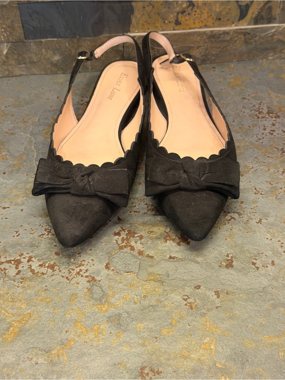 Black Bow Pointed-Toe Slingback Flats Size 9.5